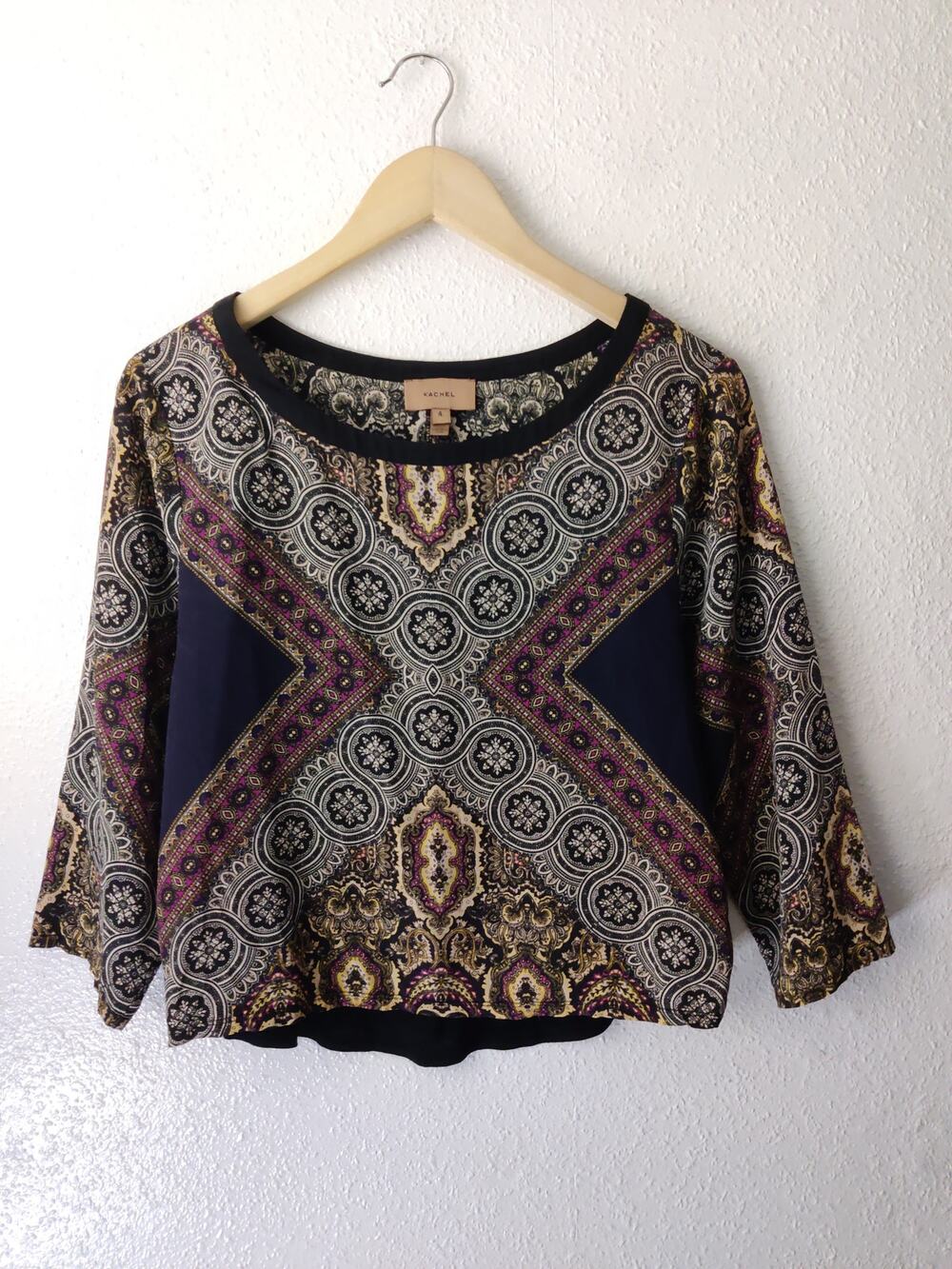 Anthropologie Kachel Black & Tan Boho Mixed Print Peasant Top Size 4